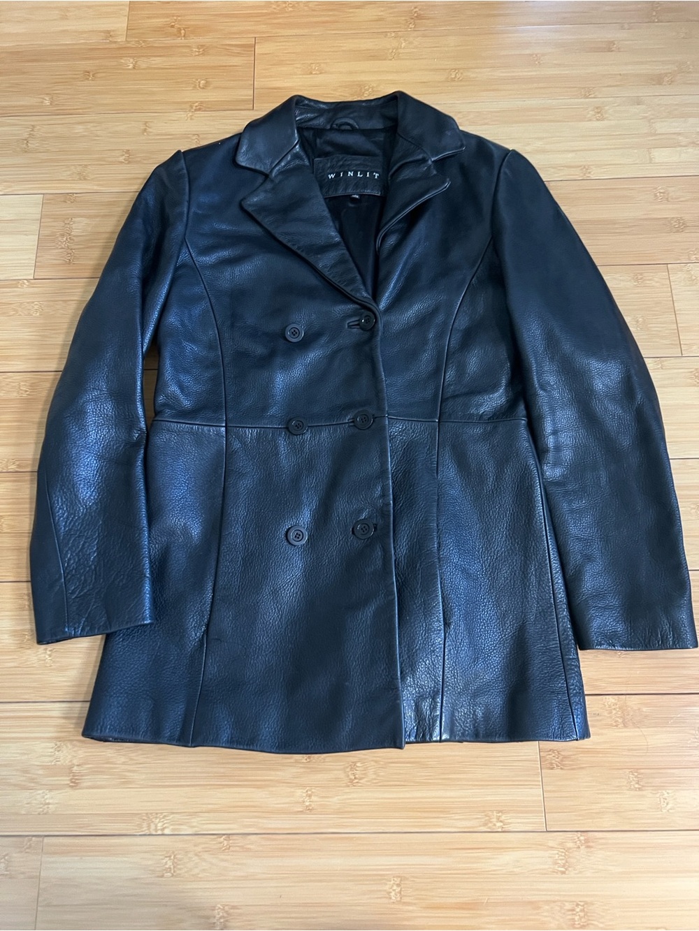 Winlit Black Double-Breasted Leather Blazer